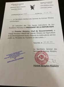 Communiqué signé par Séraphin Magloire FOUDA, SG du Premier Ministère 